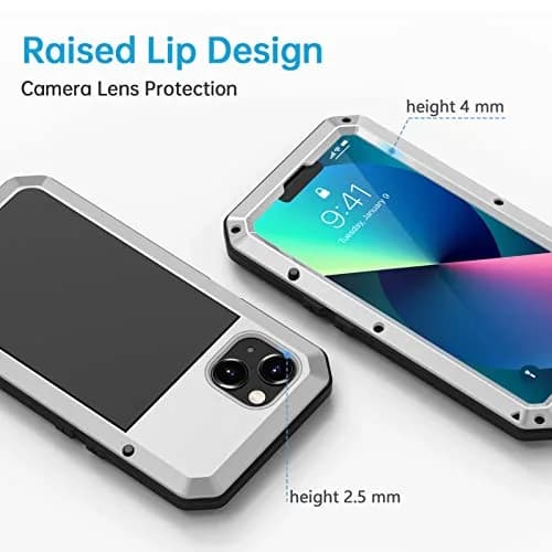 Lanhiem Metal Case for iPhone 13 6.1 inch with Built-in Glass Screen Protector, Silver | Heavy Duty Shockproof Rugged Defender thumbnail 4