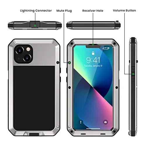 Lanhiem Metal Case for iPhone 13 6.1 inch with Built-in Glass Screen Protector, Silver | Heavy Duty Shockproof Rugged Defender thumbnail 5