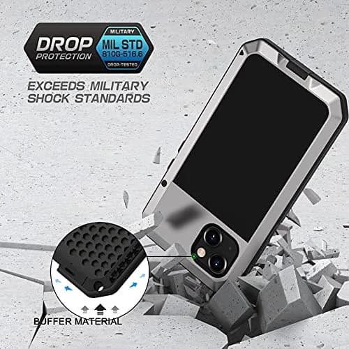 Lanhiem Metal Case for iPhone 13 6.1 inch with Built-in Glass Screen Protector, Silver | Heavy Duty Shockproof Rugged Defender thumbnail 3