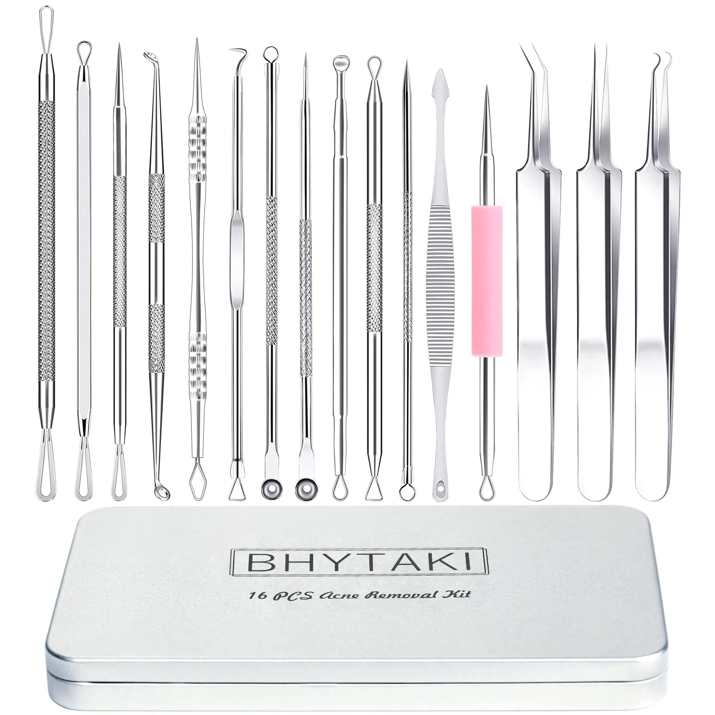 BHYTAKI 16 PCS Blackhead Remover Tools with Metal Box | Professional Stainless Steel Pimple Extractor Kit - main product image