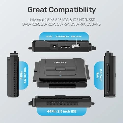 Unitek USB-C IDE/SATA Adapter for 2.5/3.5" HDD/SSD | Dual-Drive Support, 6Gbps thumbnail 4