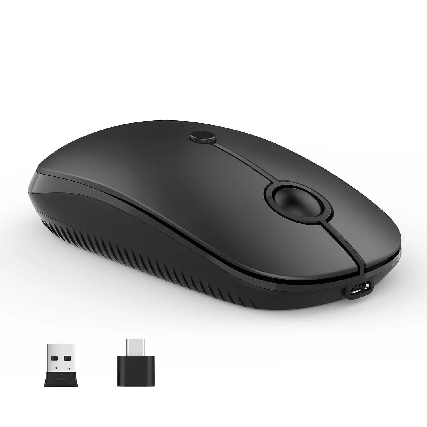 VssoPlor Type-C Wireless Mouse, Rechargeable Ergonomic Computer Mouse with USB & Type-C Receiver, Black Silver | Quiet Clicks & Adjustable DPI — Black