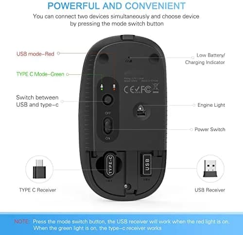 VssoPlor Black Wireless Mouse with USB-C Receiver | Ergonomic, Rechargeable, Quiet Click thumbnail 9