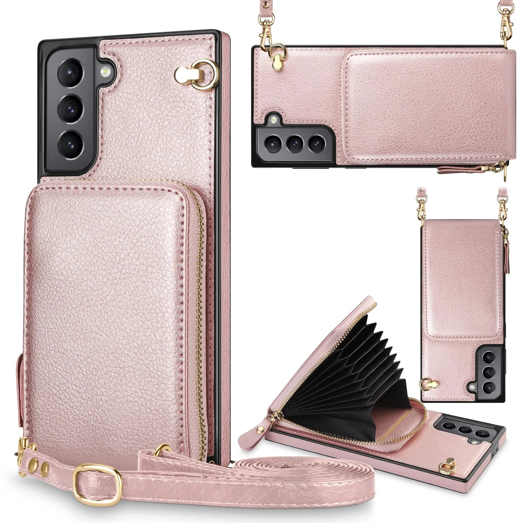 JAKPDE Wallet Case for Samsung Galaxy S21 6.2 inch | Card Holder & Crossbody Lanyard (Rose Gold)