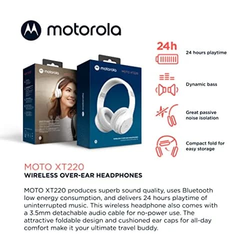 Motorola Sound Moto XT220 Wireless Headphones with Microphone, Foldable Over-Ear, Adjustable Headband, Dynamic Bass, White thumbnail 2