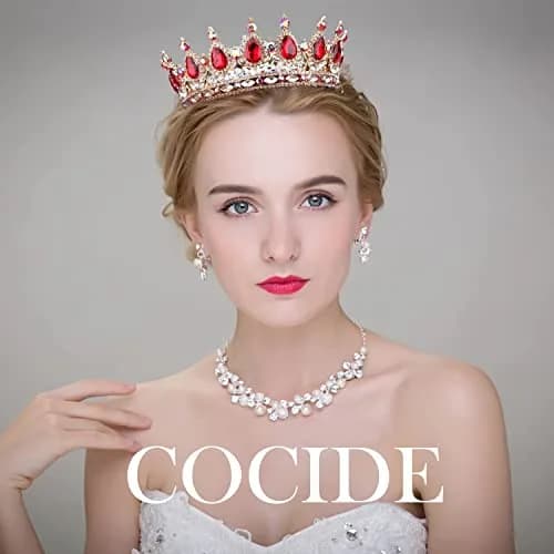 COCIDE Gold Crown for Women Red Crystal Wedding Tiara and Crowns | Elegant Queen Crown for Special Occasions thumbnail 7
