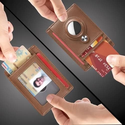 Hawanik Slim Minimalist Front Pocket Air Tag Wallet Thin Card Holder Wallet | RFID Protected, Brown Leather, 3.3" x 4.1" thumbnail 2