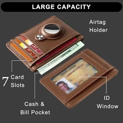 Hawanik Slim Minimalist Front Pocket Air Tag Wallet Thin Card Holder Wallet | RFID Protected, Brown Leather, 3.3" x 4.1" thumbnail 3