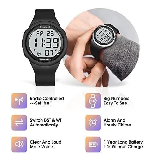 Hearkent Atomic Talking Watch 5.9-9 inch Black Silicone Strap | Self-Setting for Elderly & Visually Impaired thumbnail 3