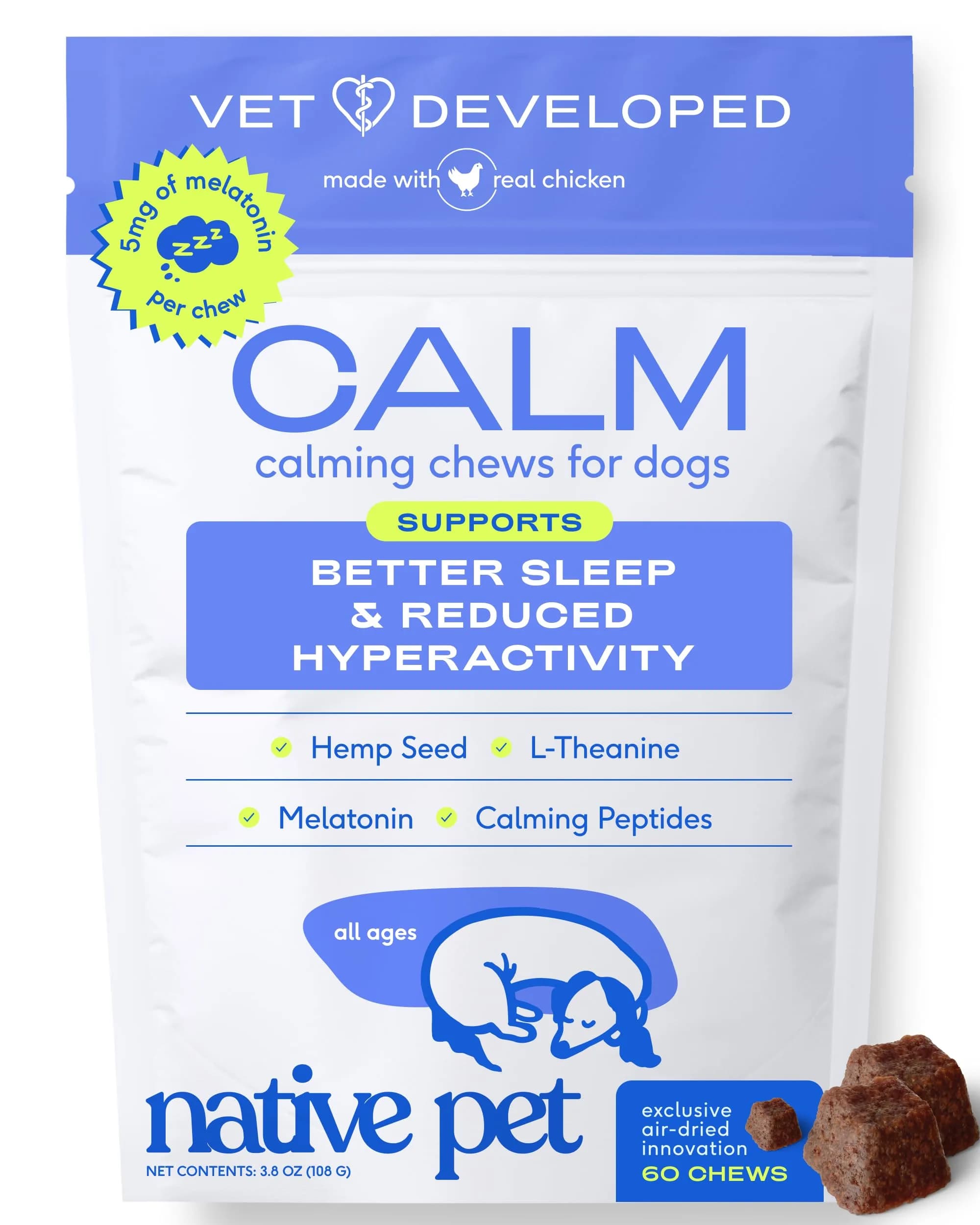 Native Pet Calming Chews for Dogs - Air-Dried Chicken Flavor, 60 Chews | Supports Calmness & Emotional Balance