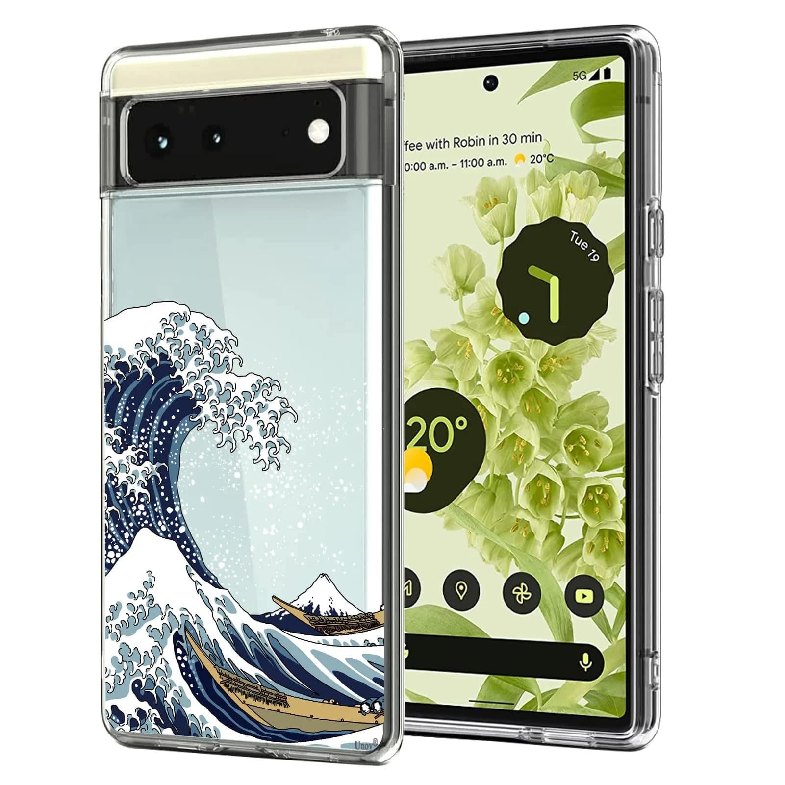 Unov Clear Pixel 6 Case with Great Wave Design | Slim TPU Protective Back Cover for Google Pixel 6 5G 6.4 inch