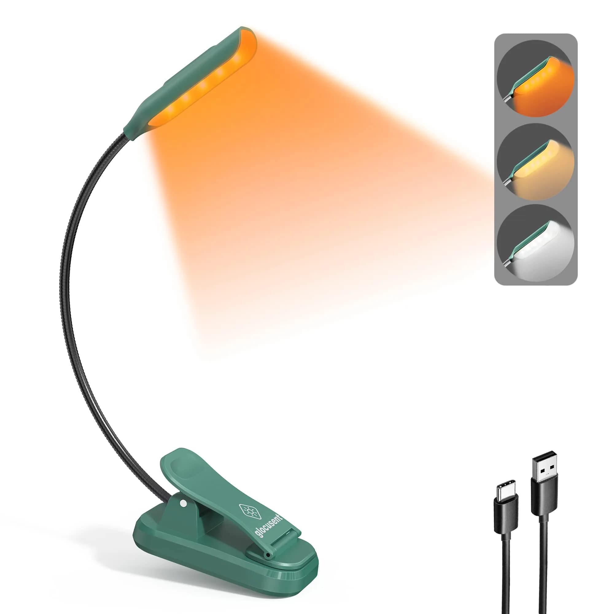 Glocusent Willow Book Light for Reading in Bed, 10 LED Bright Reading Light, 45g (1.4oz) | 3 Color Temps & 3 Brightness Levels — Green