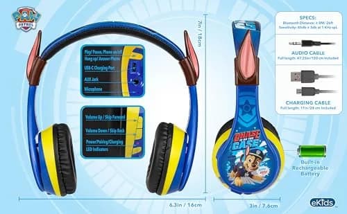 eKids PAW Patrol Chase Bluetooth Headphones for Kids | Kid-Friendly Stereo Sound thumbnail 7