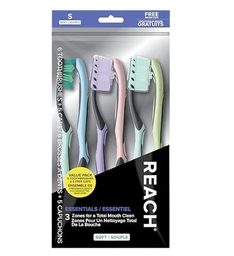 Reach Essentials Medium Toothbrushes with Toothbrush Caps, 6 Count | Multi-Angled Bristles & Tongue Scraper thumbnail 1