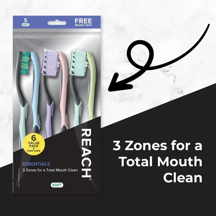 Reach Essentials Medium Toothbrushes with Toothbrush Caps, 6 Count | Multi-Angled Bristles & Tongue Scraper thumbnail 2