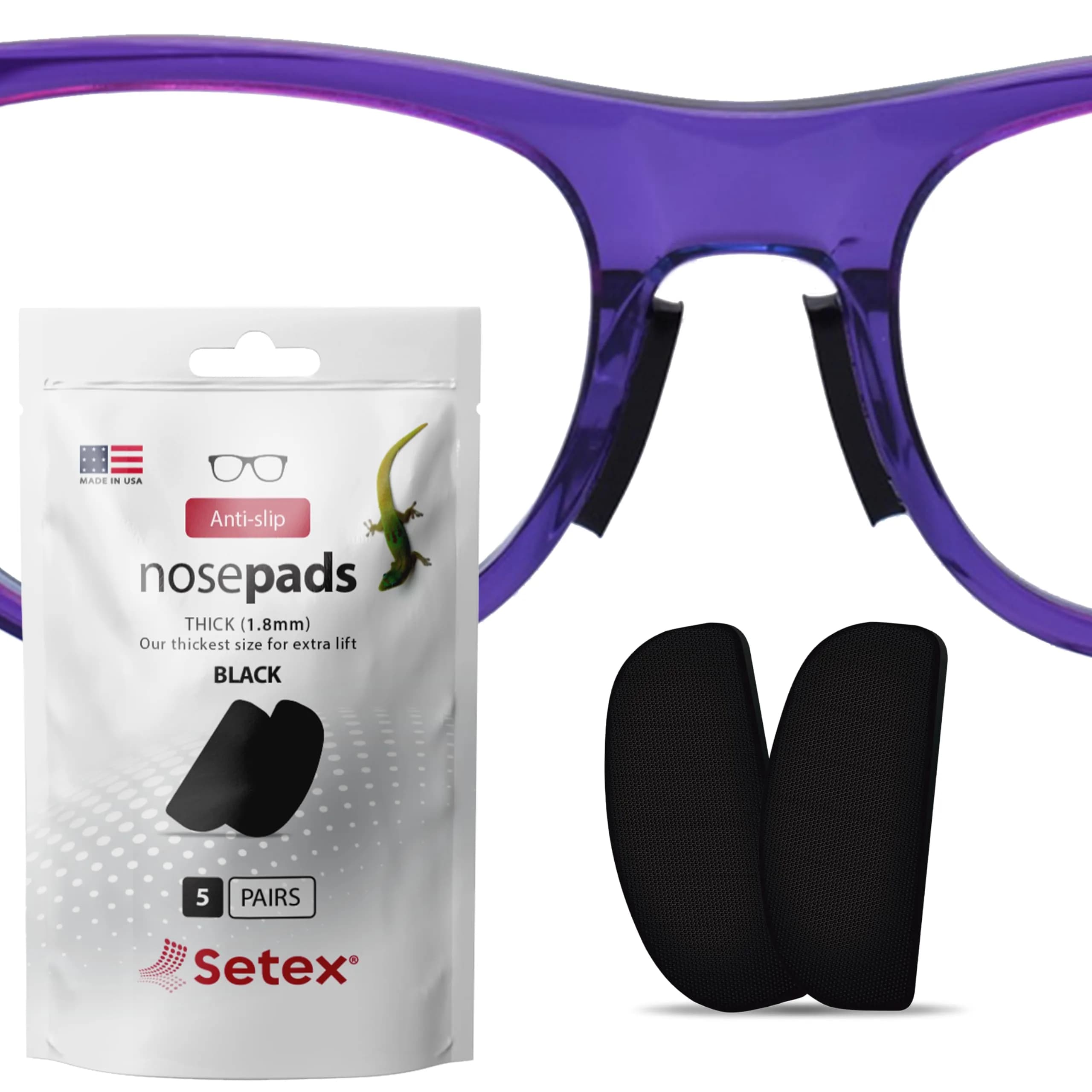 Setex Gecko Grip Thick 1.8mm Anti Slip Nose Pads for Glasses, 5 Pairs (10 Pads), Clear | Gecko-Inspired Microfiber Technology — 5 Pair Black