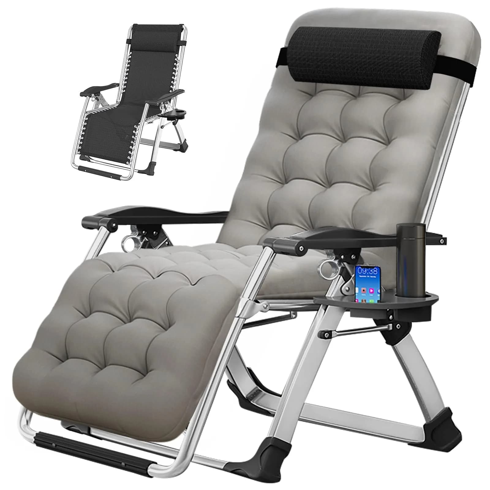 MOPHOTO Zero Gravity Chair, Outdoor Padded Lounge Chair with Side Table, Supports up to 200kg (440lbs) | Ergonomic & Durable — Black W/ Light Silver Gray