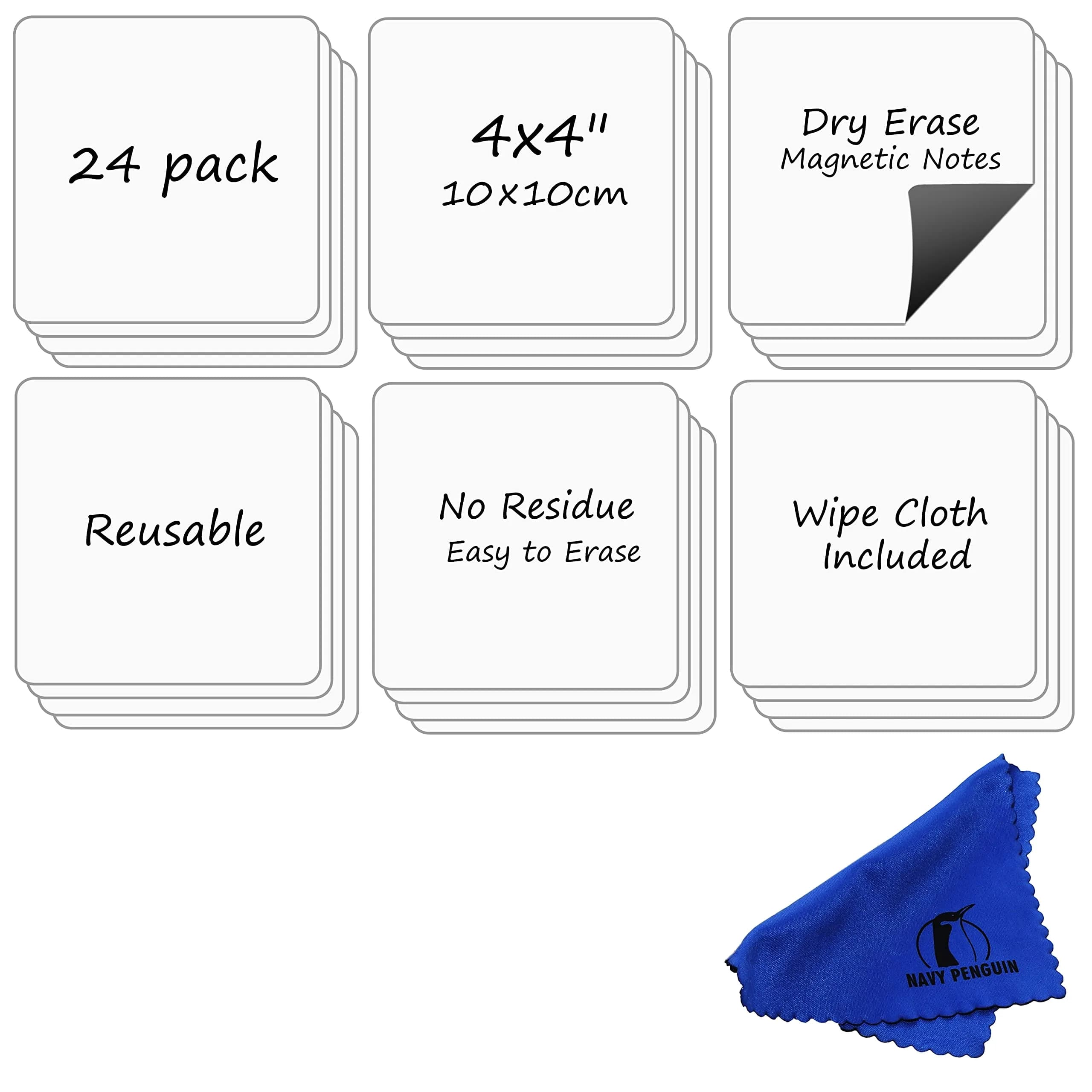 Navy Penguin Dry Erase Magnets 24 Pack 4x4 in | Magnetic Notes for Whiteboard & Fridge — White