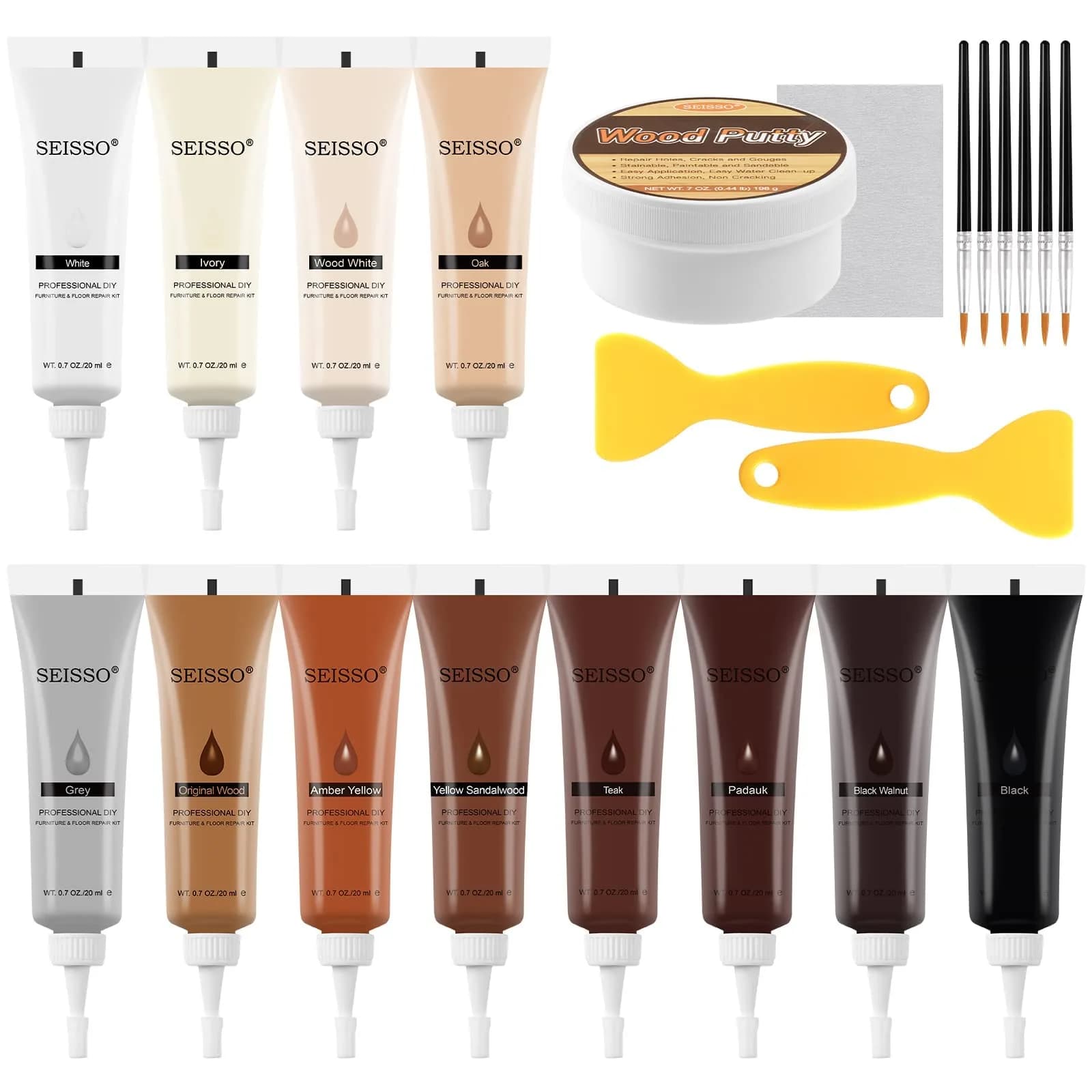 SEISSO Furniture Repair Kit 17PCS Wood Markers & Wax Sticks | Touch Up Scratches & Stains — 12colors+wood Putty / 12 colors+ 1 putty