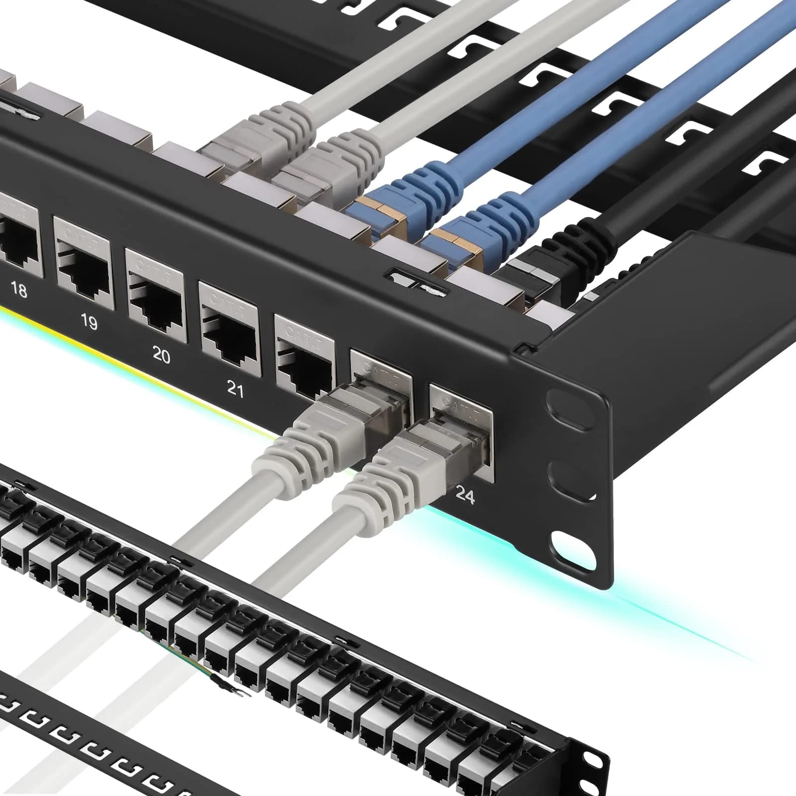 Rapink 24 Port Cat7 Patch Panel with Inline Couplers | 10Gbps STP Shielded 19-Inch Rackmount Network Panel - main product image