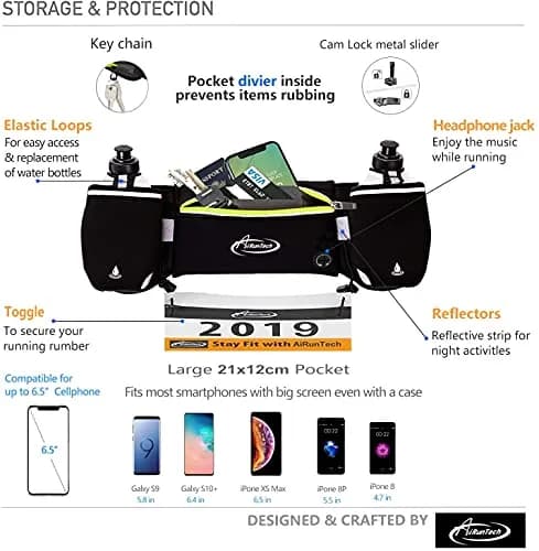 AiRunTech Hydration Running Belt with Bottles 2x10oz | Anti-Slip, Fully Adjustable, Reflective for Most Smartphones thumbnail 5