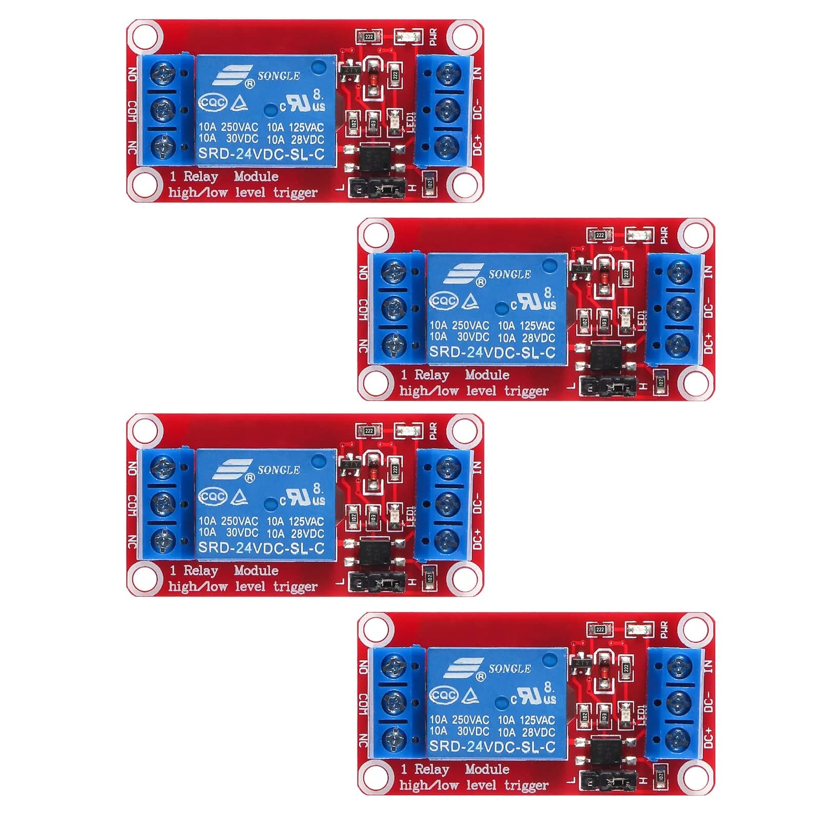 AEDIKO 5V 4pcs Relay Module - 1 Channel, Optocoupler Isolated, 10A Load | Arduino Compatible — 24V-4pcs