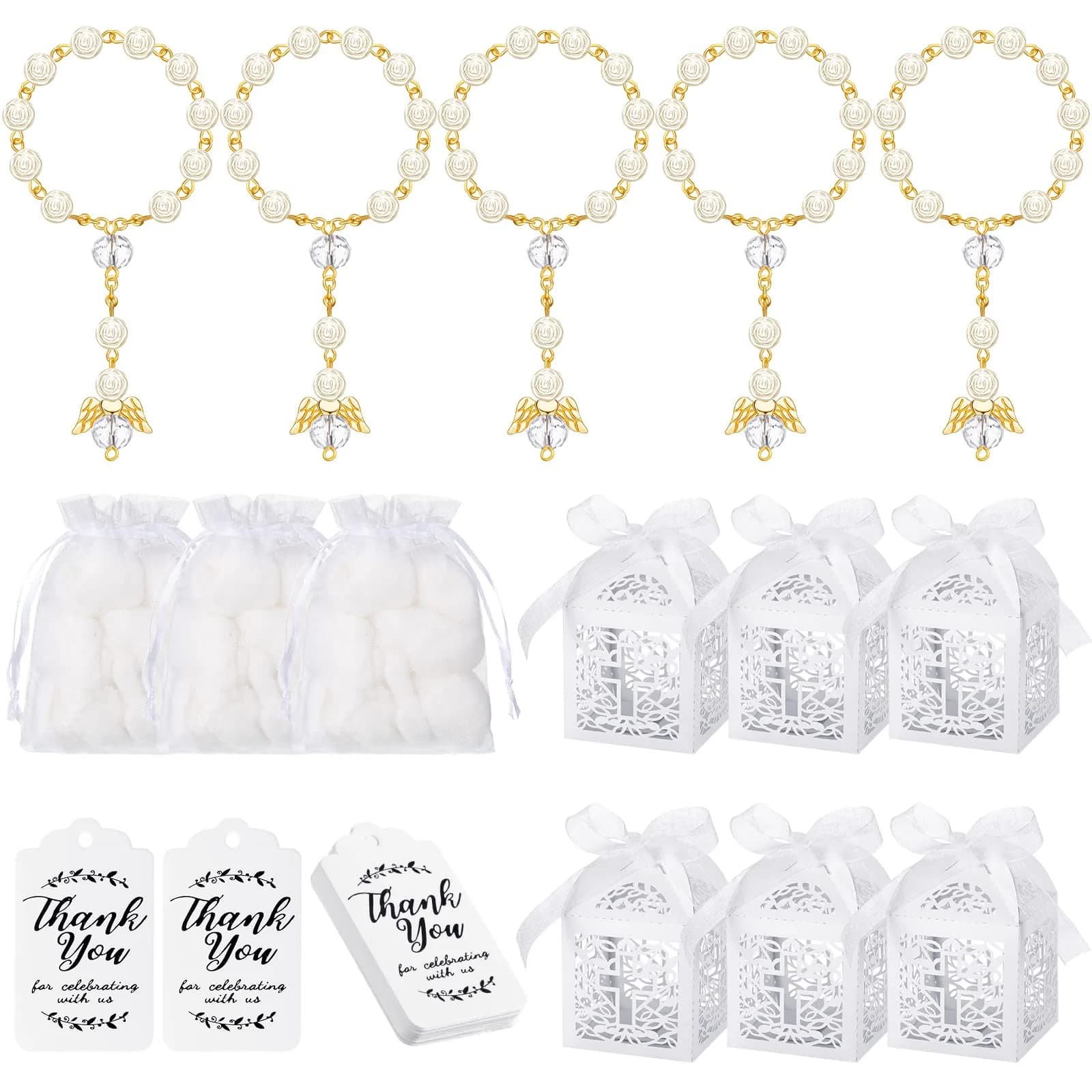 MTLEE 100 Pcs Baptism Rosary Set with Gift Boxes, Organza Bags & Thank You Cards | Gold - main product image