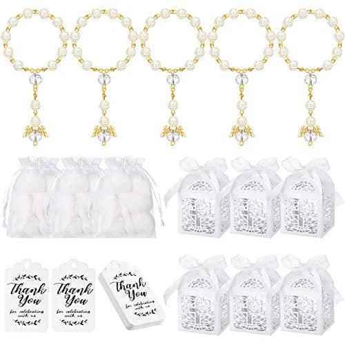 MTLEE 100 Pcs Baptism Rosary Set with Gift Boxes, Organza Bags & Thank You Cards | Gold thumbnail 1