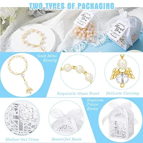 MTLEE 100 Pcs Baptism Rosary Set with Gift Boxes, Organza Bags & Thank You Cards | Gold thumbnail 3