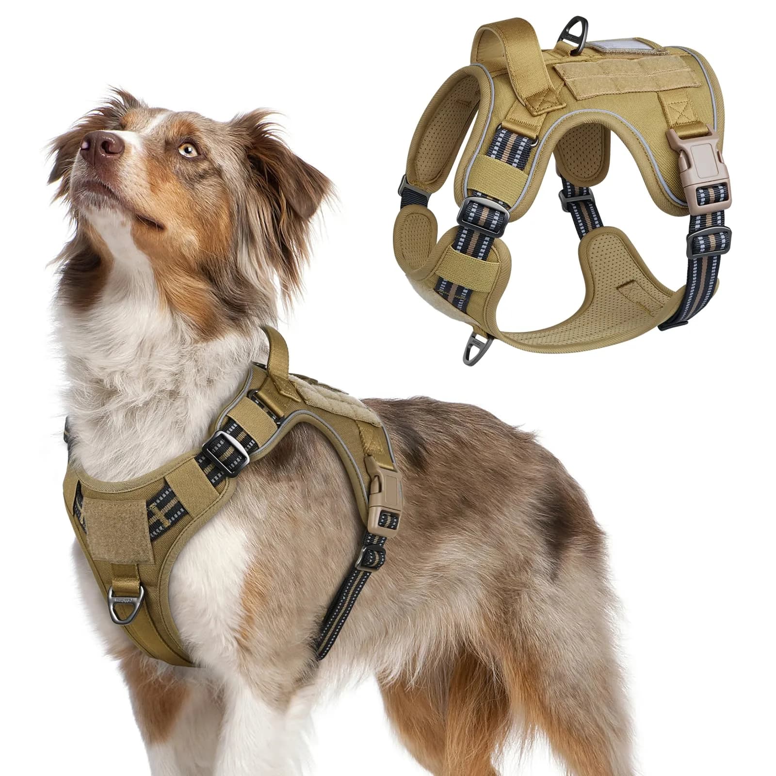 rabbitgoo Tactical Dog Harness for X-Large | No Pull Military Service Vest with MOLLE System — Brown