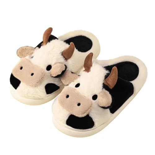 Gaolinci Cartoon Cow Cotton Slippers for Women | Warm Fuzzy Indoor Outdoor House Shoes thumbnail 1