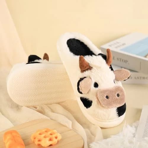 Gaolinci Cartoon Cow Cotton Slippers for Women | Warm Fuzzy Indoor Outdoor House Shoes thumbnail 6