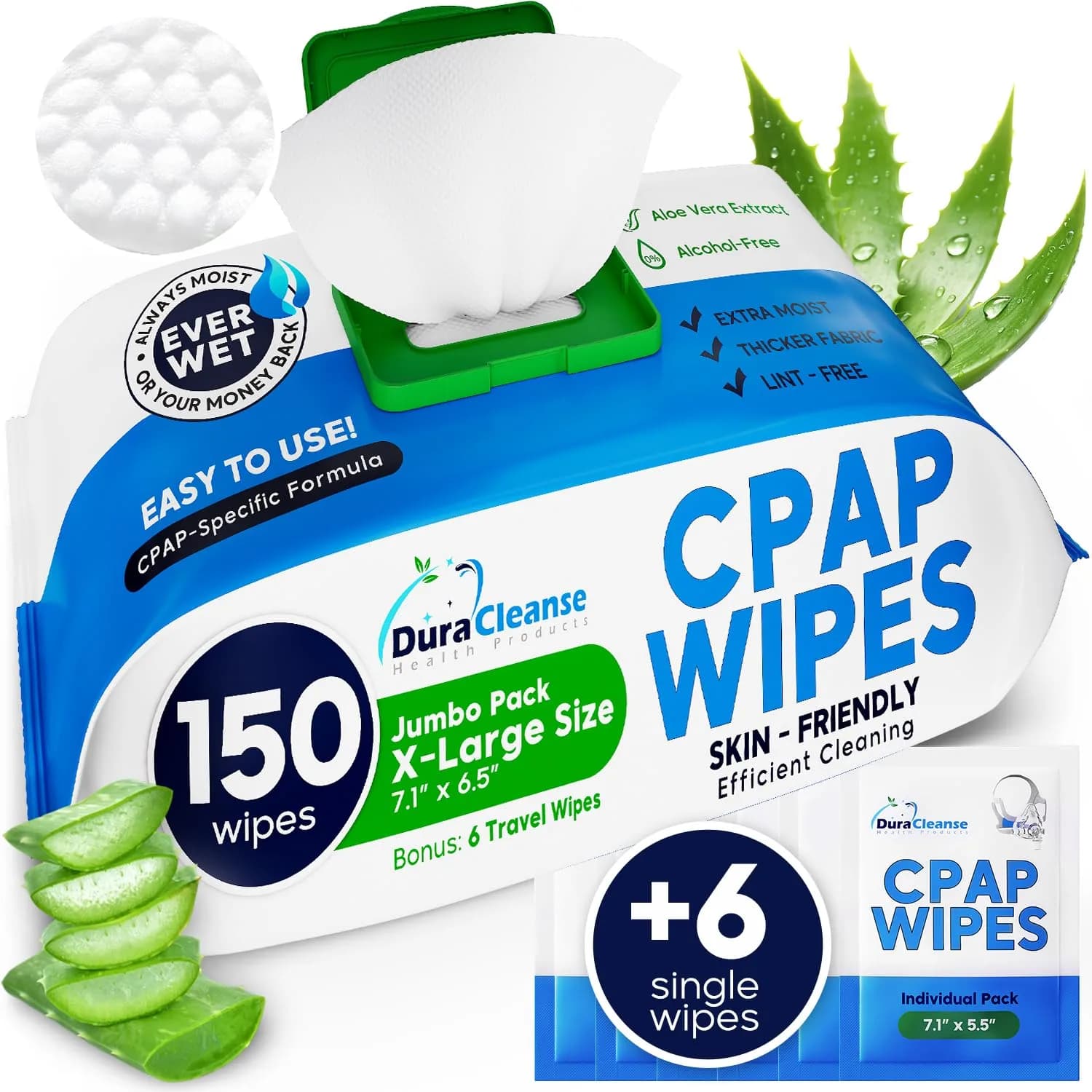 Dura Cleanse XL CPAP Mask Wipes - 156 Count (150 + 6 Travel) | Unscented, Alcohol-Free, Aloe Vera Infused
