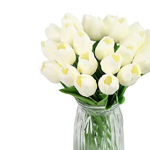 IPOPU Real Touch Artificial Tulips Flowers 24PCS Off White | Lifelike PU Material for Home Decor thumbnail 1