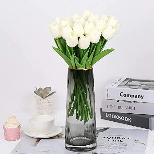 IPOPU Real Touch Artificial Tulips Flowers 24PCS Off White | Lifelike PU Material for Home Decor thumbnail 8