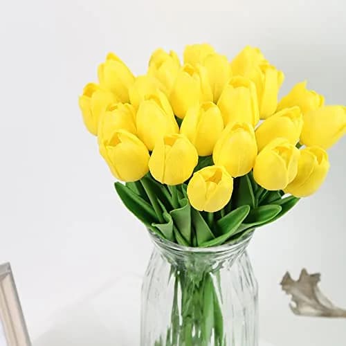 IPOPU 24PCS Yellow Tulips Artificial Flowers 34cm (13.4in) | Real Touch PU Flowers for Home Decor thumbnail 4
