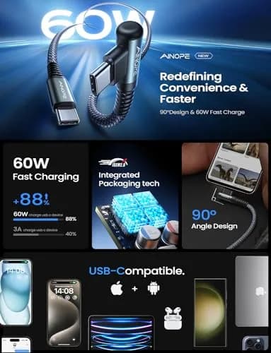 AINOPE USB C to USB C Cable 10FT 2Pack 60W | Fast Charging & Durable with 90° Angle thumbnail 3