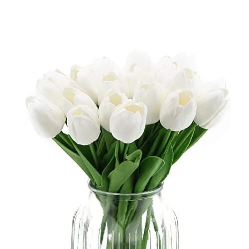 IPOPU 24PCS White Tulips Artificial Flowers Real Touch 34cm (13.4") | Realistic PU Flowers for Home Decor thumbnail 1