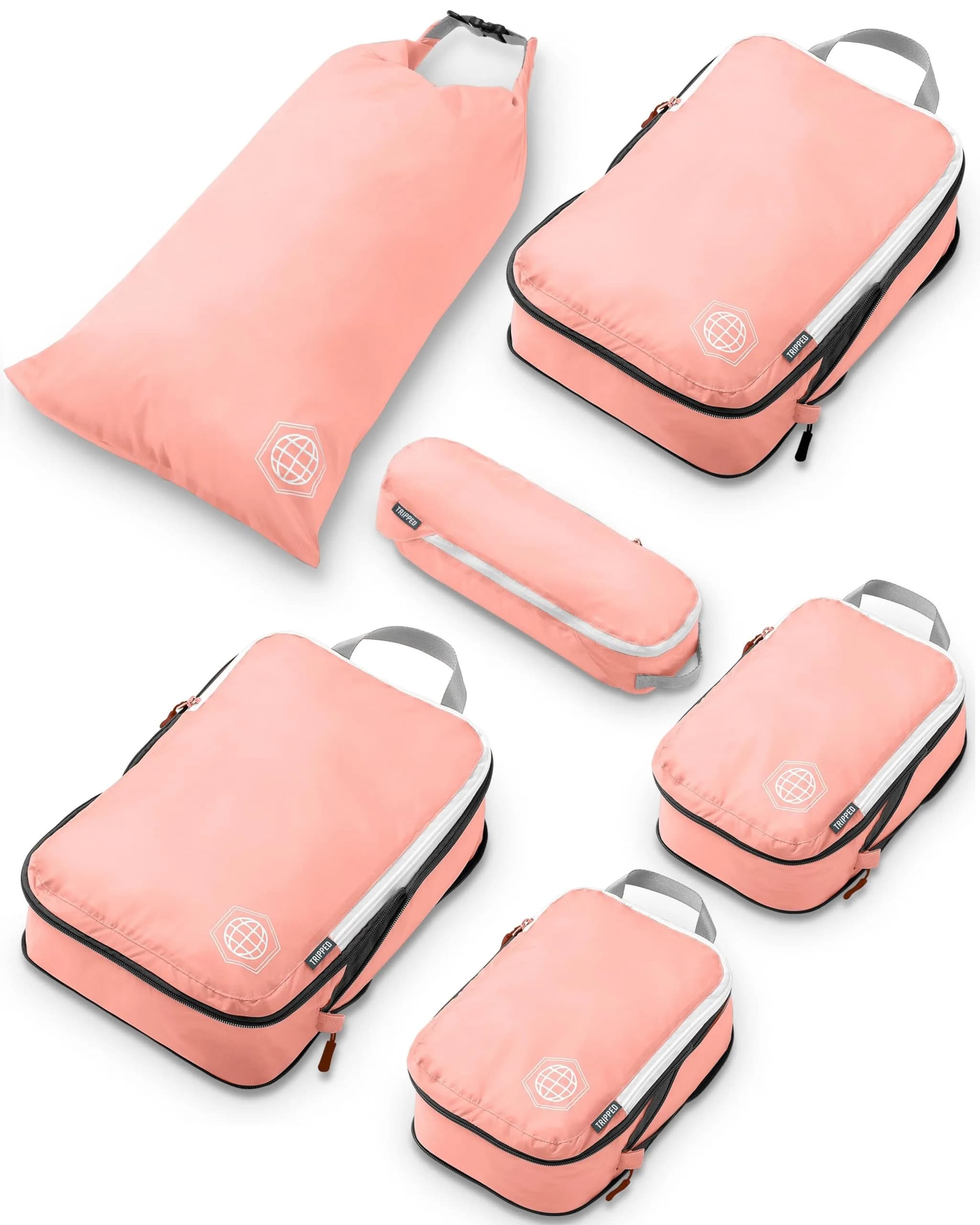 TRIPPED Travel Gear Compression Packing Cubes for Carry-On Travel 6-Pack | Ultralight Ripstop Nylon with Double-Stitched Zippers — Coral Bloom / 6 Piece