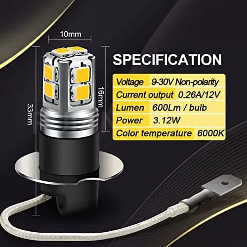 Ruiandsion H3 LED Fog Light Bulbs 6000K White | Super Bright 2835 10SMD Chips 9-30V thumbnail 4