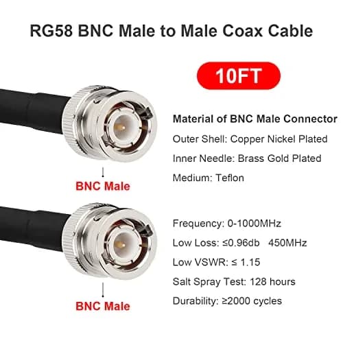 MOOKEERF RG58 BNC Cable 3.05m (10ft) Male to Male | Low Loss Coaxial Extension for Radios & Antennas thumbnail 2