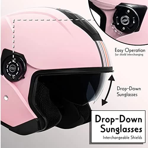 VCAN V88 3/4 Open Face Motorcycle Helmet Matte Pink Stripe | DOT & ECE Certified, FMVSS 218 Approved thumbnail 5
