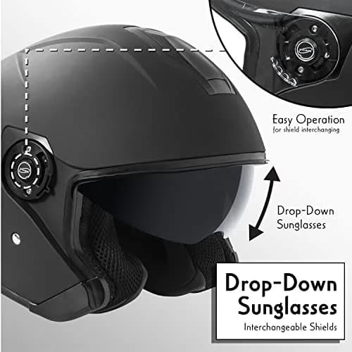 VCAN V88 3/4 Open Face Motorcycle Scooter Helmet | ECE & DOT Certified, Thermoplastic Shell, Sun Visor thumbnail 5