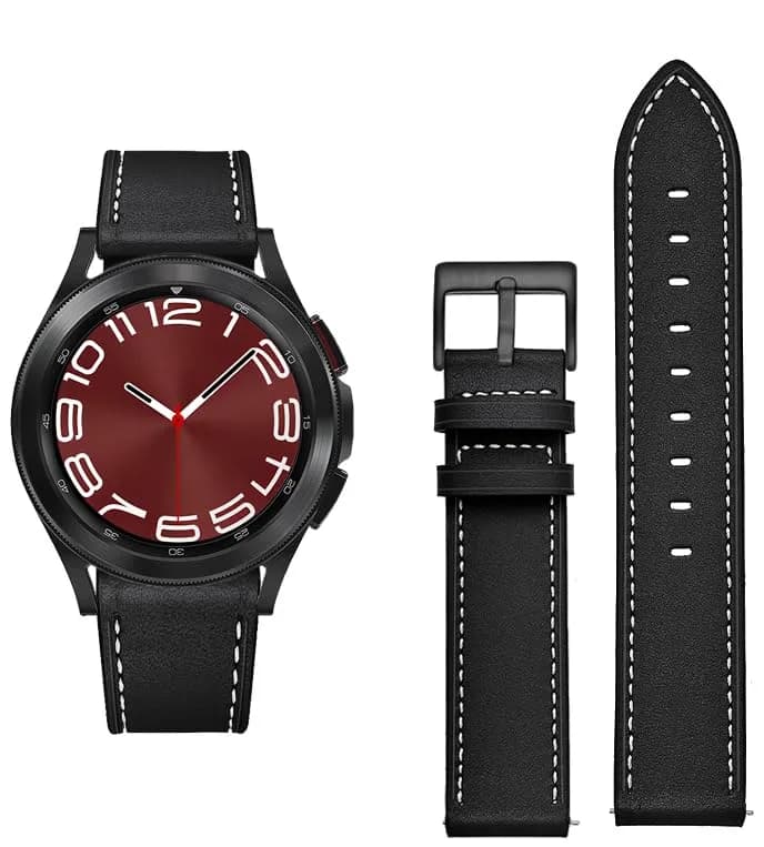 Olytop Black Leather Watch Band for Samsung Galaxy Watch 7/6/5/4 Series, 20mm | Classic Style thumbnail 6