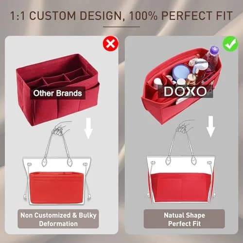 Doxo Purse Organizer Insert for Handbags & Base Shaper 2pc Set, Felt Neverfull GM Organizer Insert, Tote Bag Organizer with Zipper Pocket and Bottle Holder, Fit Neverfull GM and More, Red-XL thumbnail 5