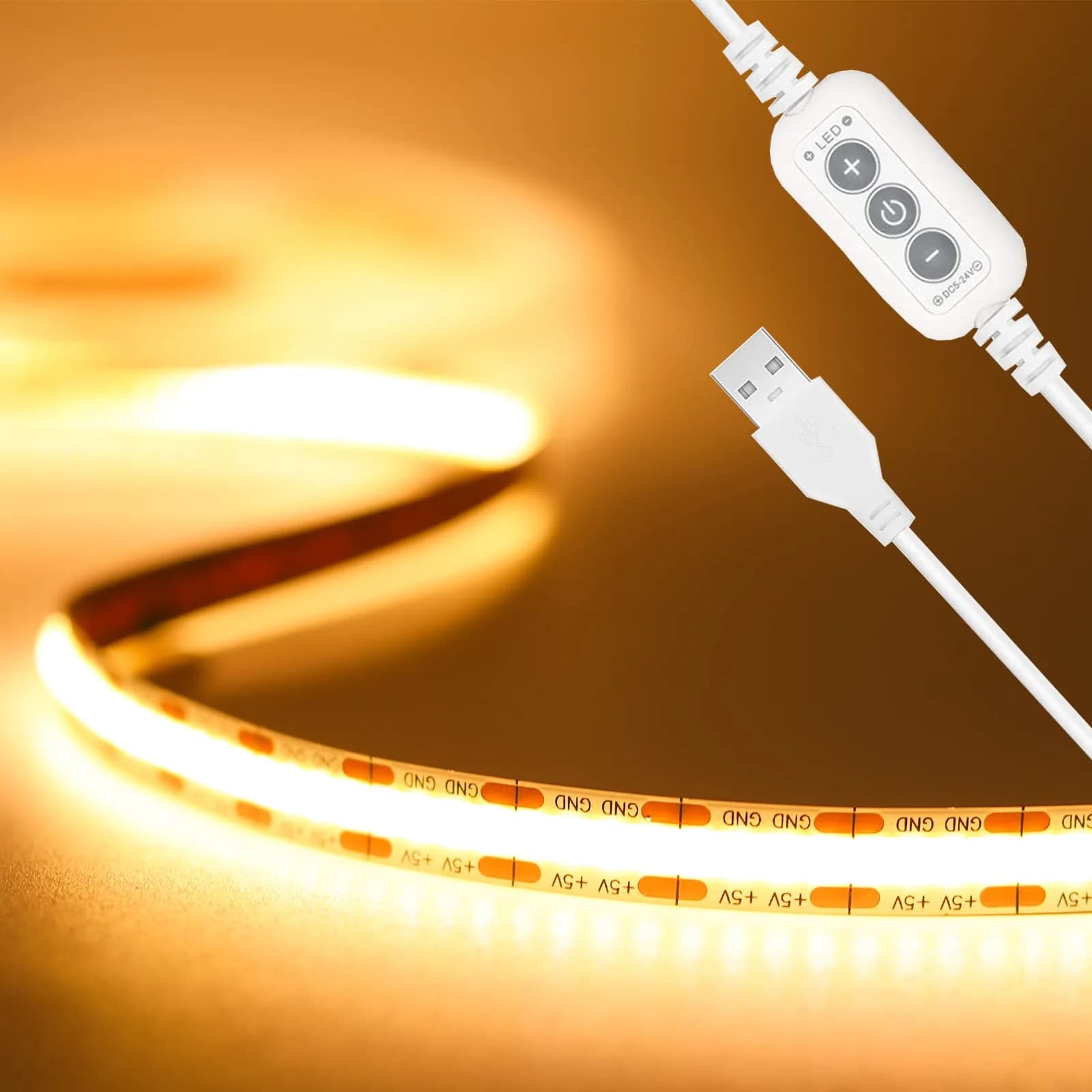 PAUTIX COB LED Strip Lights 2M (6.56ft) Warm White | Dotless Super Bright Dimmable USB Powered for TV Backlight, Under Cabinet, Bedroom, Kitchen Lighting — 2700K