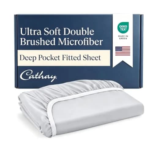 Cathay Home Queen Fitted Sheet Only, 14" Deep Pocket Ultra Soft, Light Gray | Hypoallergenic Microfiber Bedding thumbnail 1