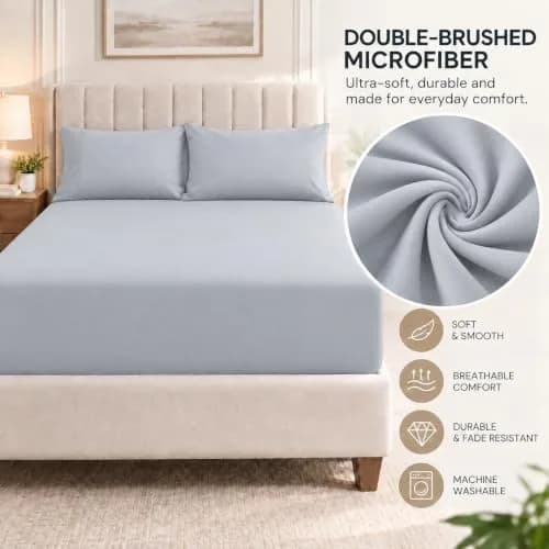 Cathay Home Queen Fitted Sheet Only, 14" Deep Pocket Ultra Soft, Light Gray | Hypoallergenic Microfiber Bedding thumbnail 4