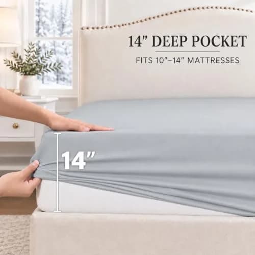 Cathay Home Queen Fitted Sheet Only, 14" Deep Pocket Ultra Soft, Light Gray | Hypoallergenic Microfiber Bedding thumbnail 2