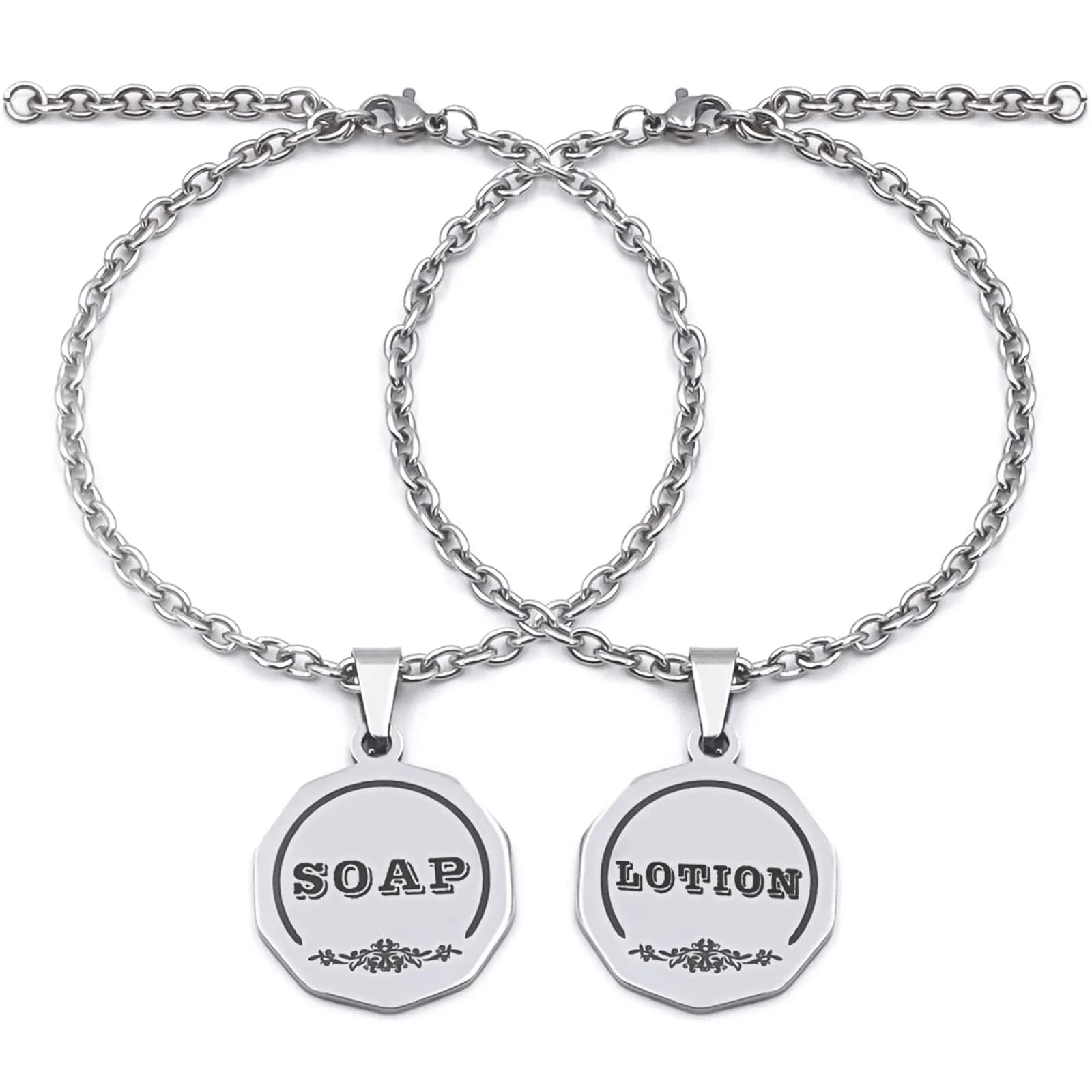 HvOvMvE Double-Sided Soap/Lotion Dispenser Labels with Chain, 2 pcs Set (Silver) | Rustic Farmhouse Mason Jar Decor